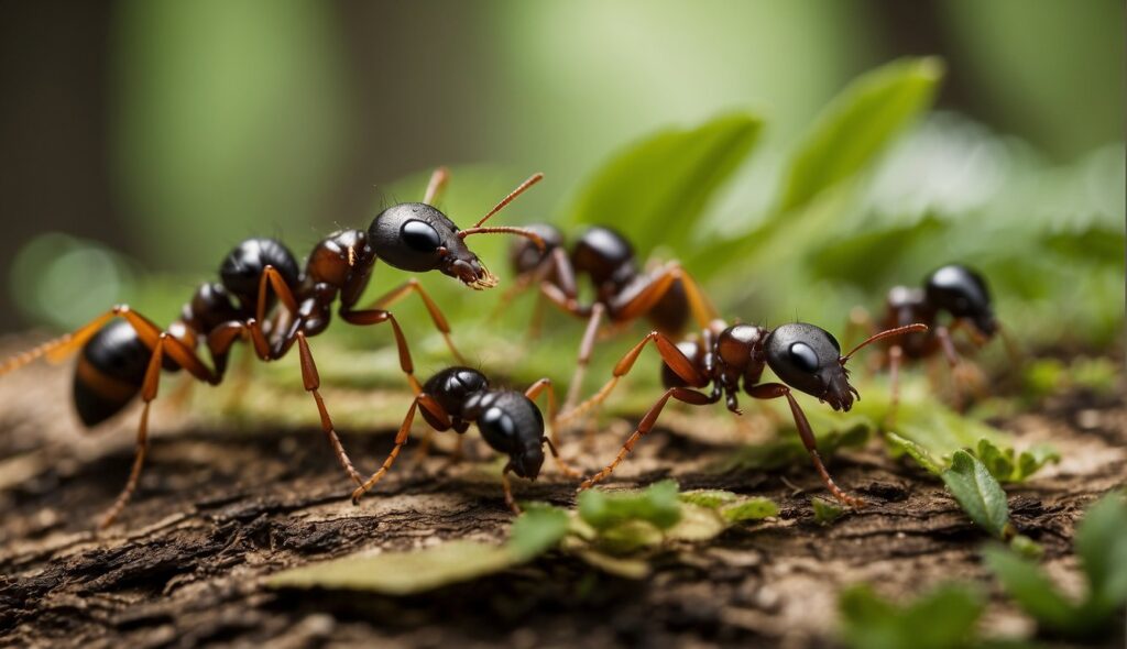 A group of ants crawling through some leaves in the forest.