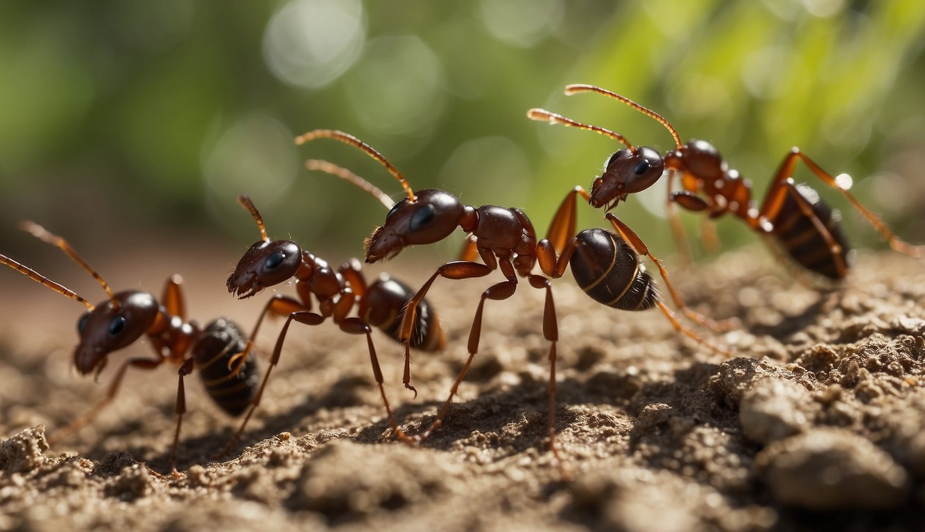 Four ants crawling on a dirt mound in a local backyard.
