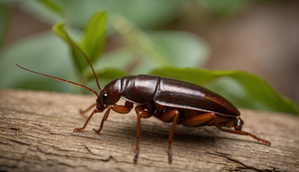 A cockroach crawling across a tree log.