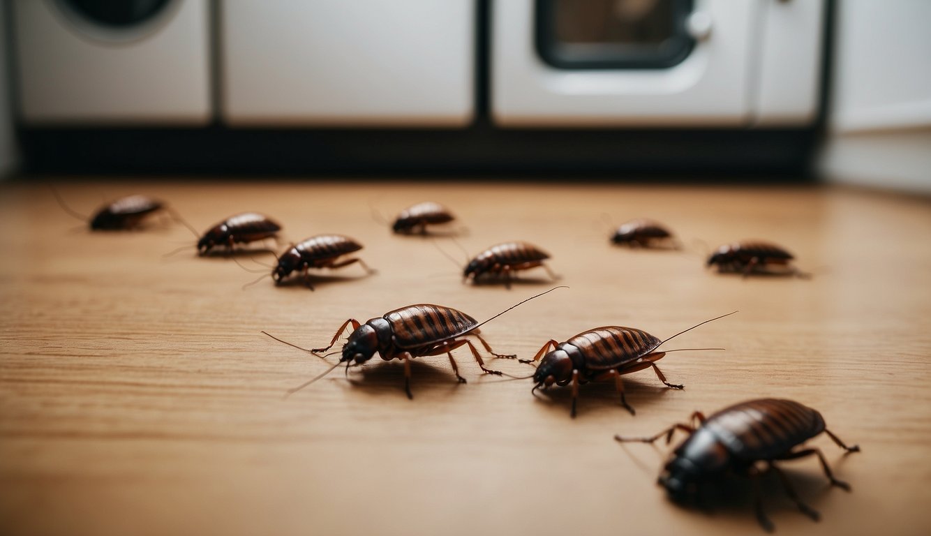 Many cockroaches on a wooden table.