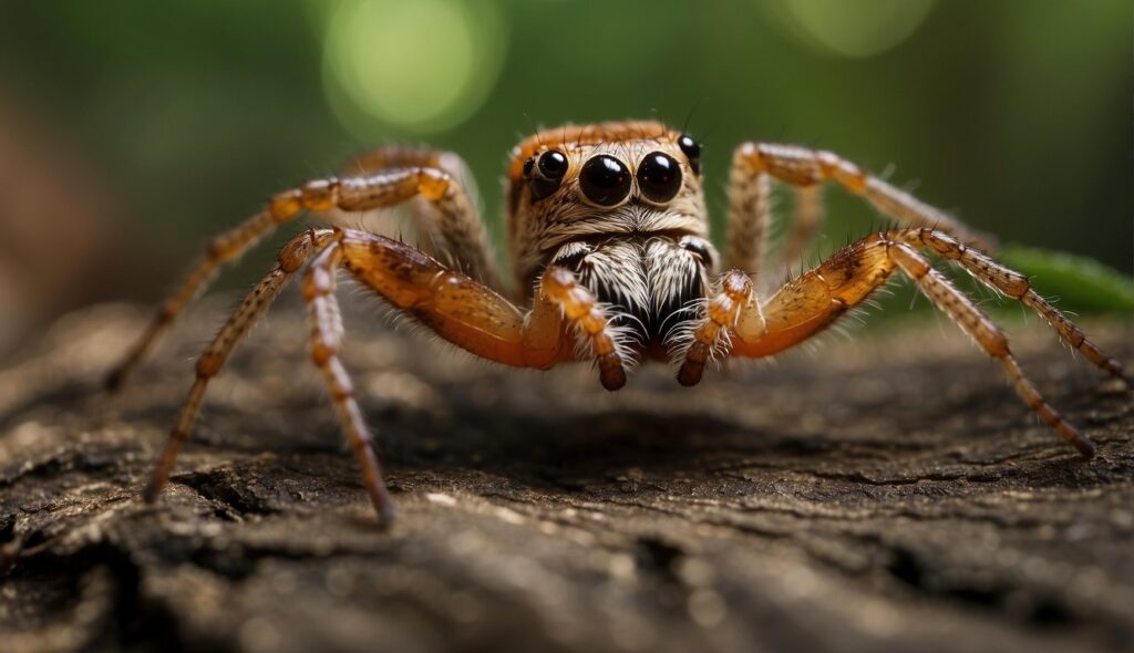Reddish colored spider crawling on a dead log.
