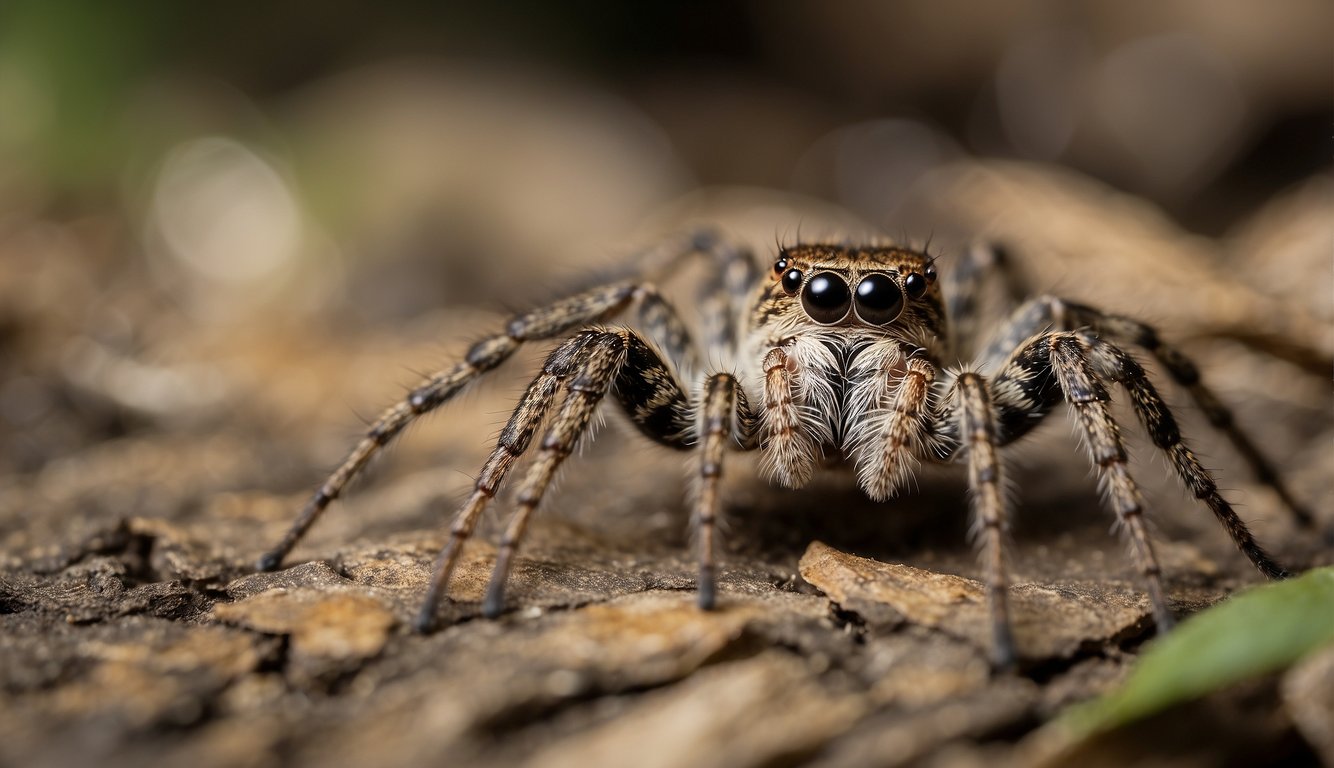 Large spider crawling across the bark of a tree.