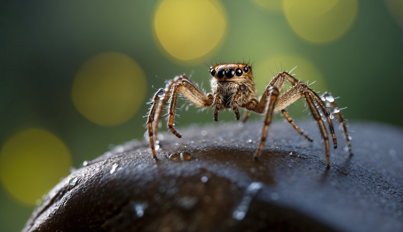Spider walking across a damp rock.